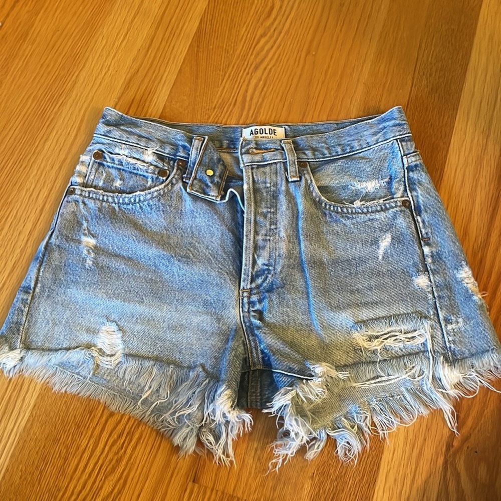 AGOLDE Light Blue Distressed Denim Jean Shorts